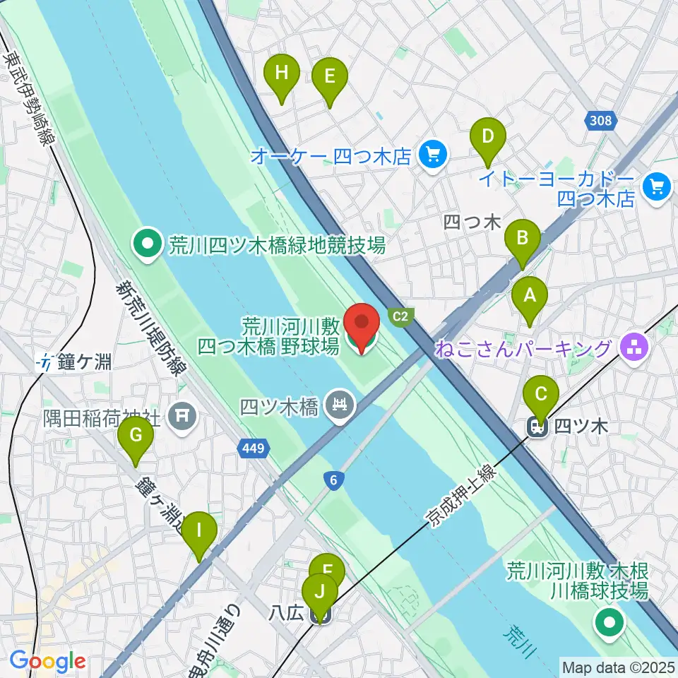 四つ木橋野球場周辺のコンビニエンスストア一覧地図