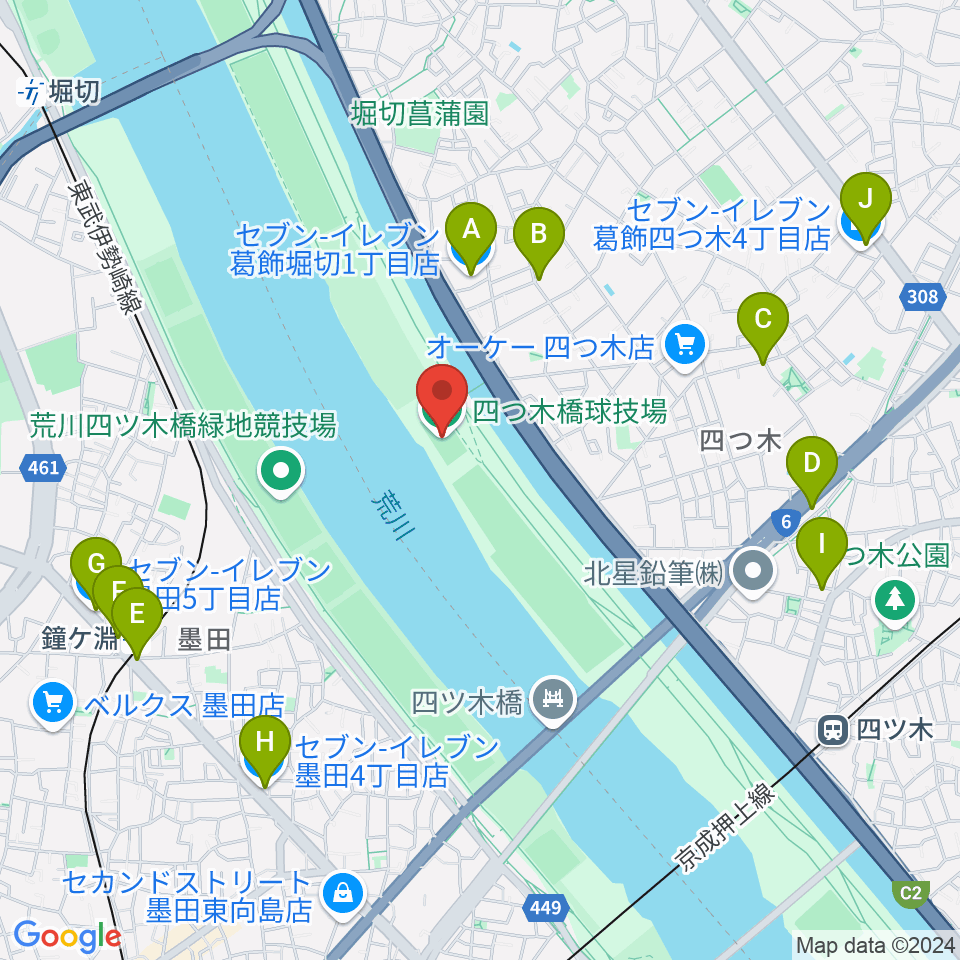 四つ木橋球技場周辺のコンビニエンスストア一覧地図