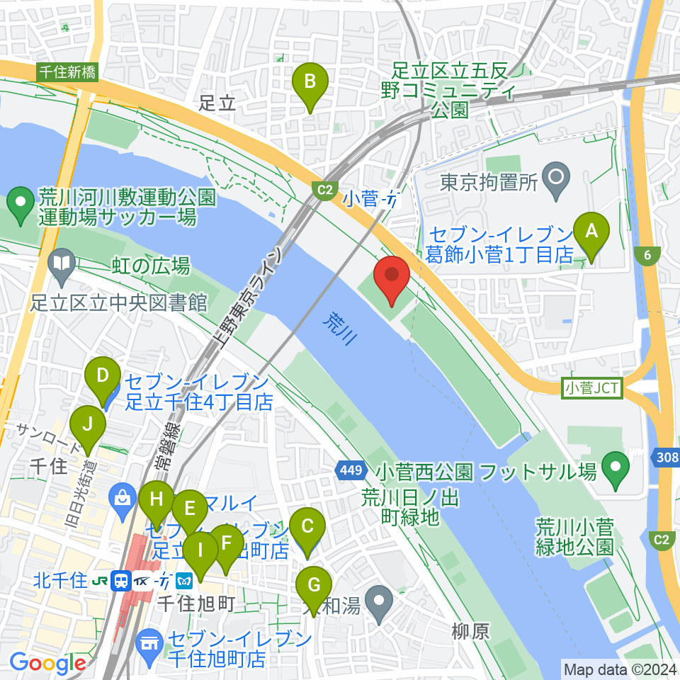 五反野野球場周辺のコンビニエンスストア一覧地図