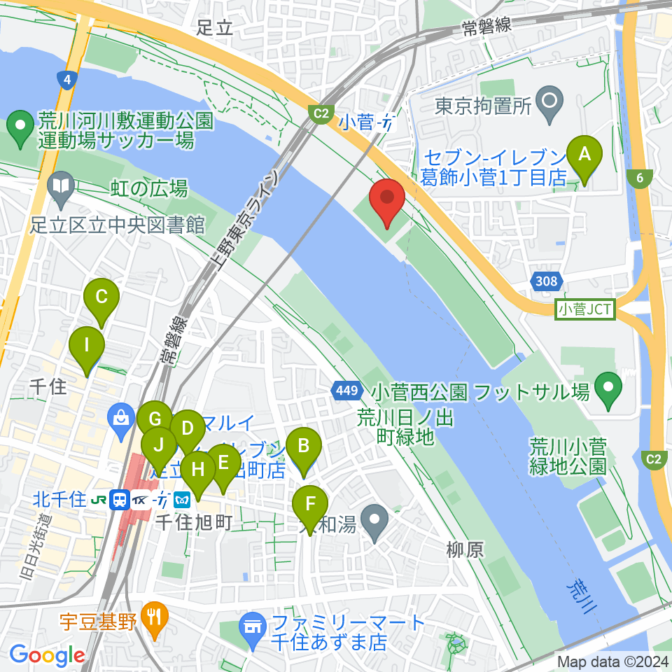 五反野野球場周辺のコンビニエンスストア一覧地図