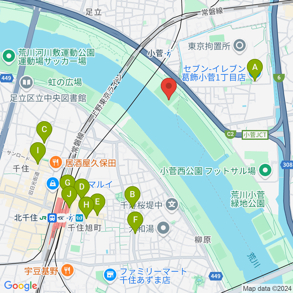 五反野野球場周辺のコンビニエンスストア一覧地図