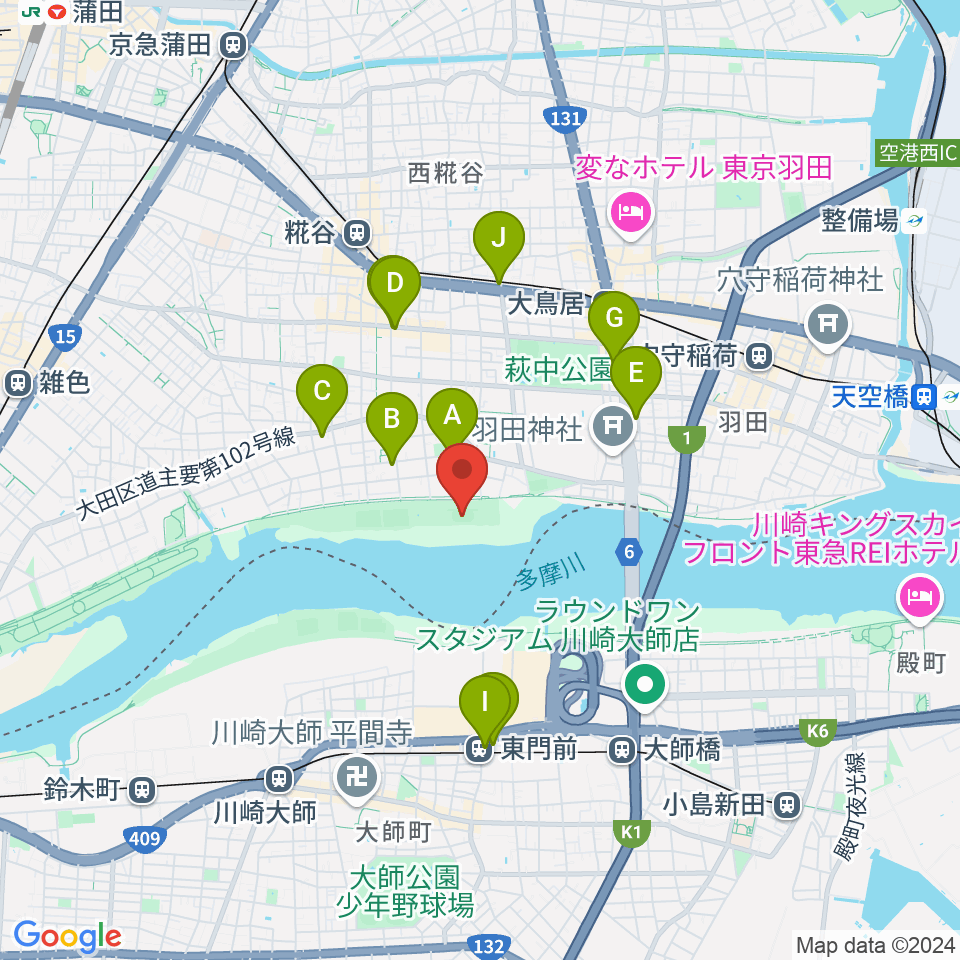 多摩川大師橋緑地周辺のコンビニエンスストア一覧地図