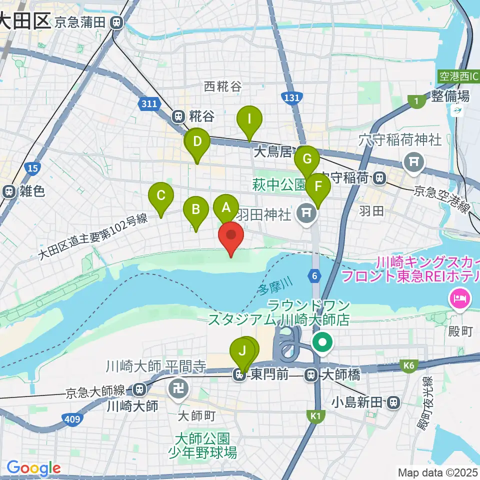 多摩川大師橋緑地周辺のコンビニエンスストア一覧地図