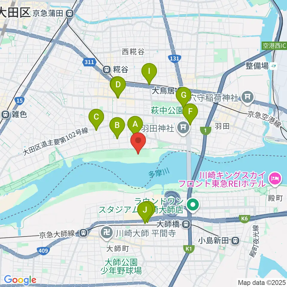 多摩川大師橋緑地周辺のコンビニエンスストア一覧地図