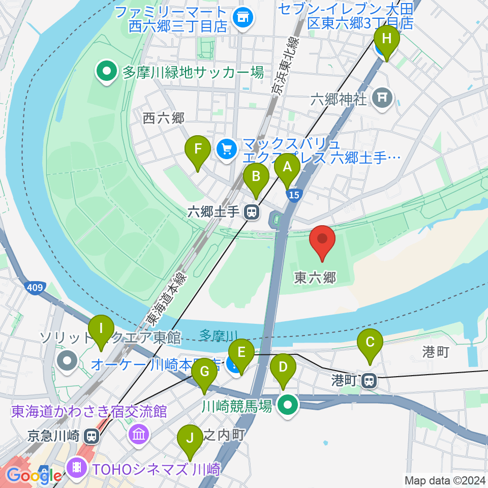 多摩川六郷橋緑地野球場周辺のコンビニエンスストア一覧地図