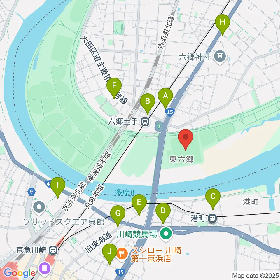 多摩川六郷橋緑地野球場周辺のコンビニエンスストア一覧地図