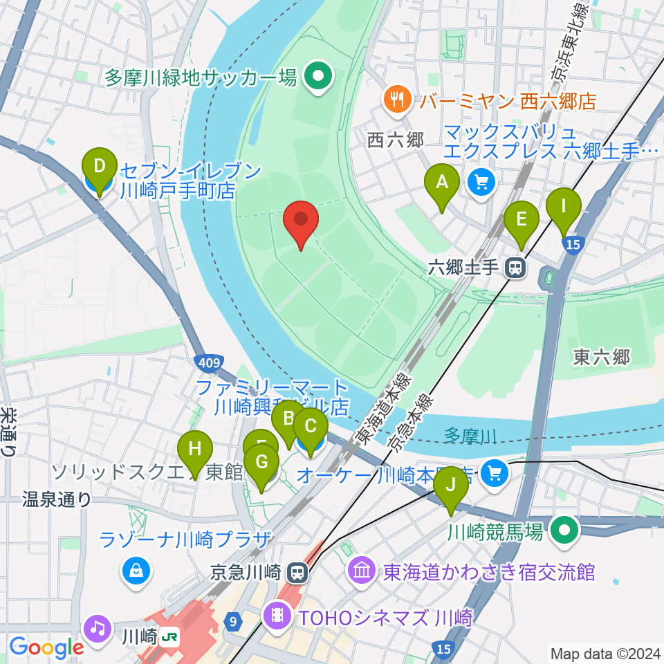 多摩川緑地野球場周辺のコンビニエンスストア一覧地図