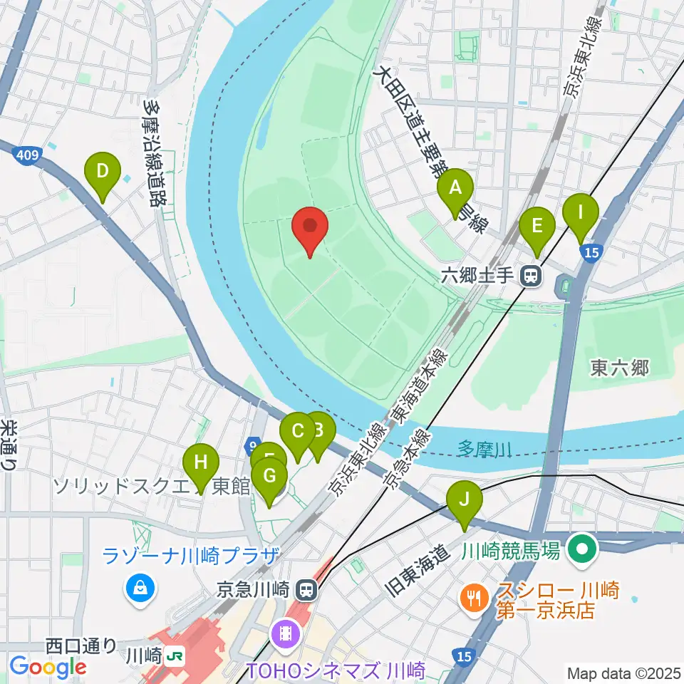 多摩川緑地野球場周辺のコンビニエンスストア一覧地図