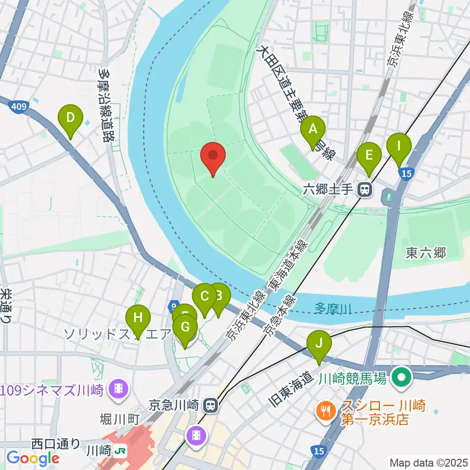 多摩川緑地野球場周辺のコンビニエンスストア一覧地図