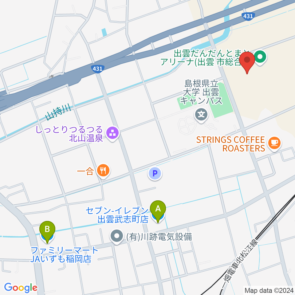 出雲だんだんとまとアリーナ周辺のコンビニエンスストア一覧地図