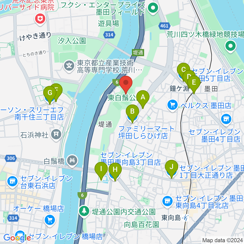 東白鬚公園小野球場周辺のコンビニエンスストア一覧地図