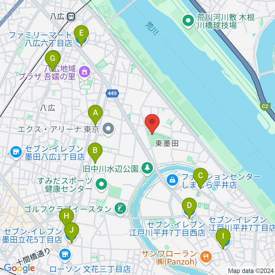 東墨田公園少年野球場周辺のコンビニエンスストア一覧地図