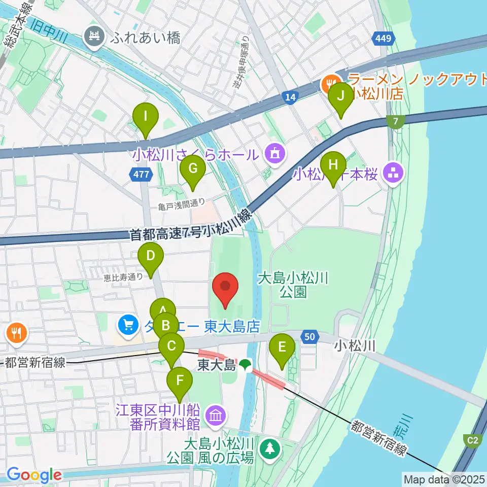 大島小松川公園小野球場周辺のコンビニエンスストア一覧地図
