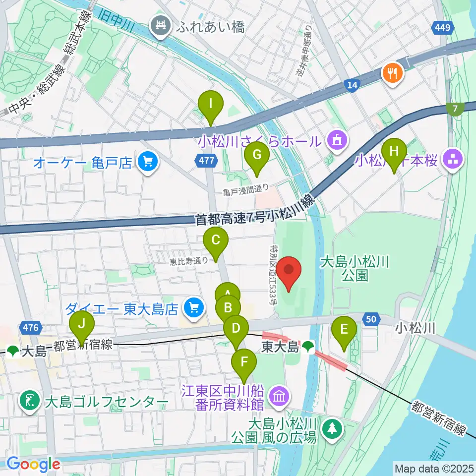 大島小松川公園小野球場周辺のコンビニエンスストア一覧地図