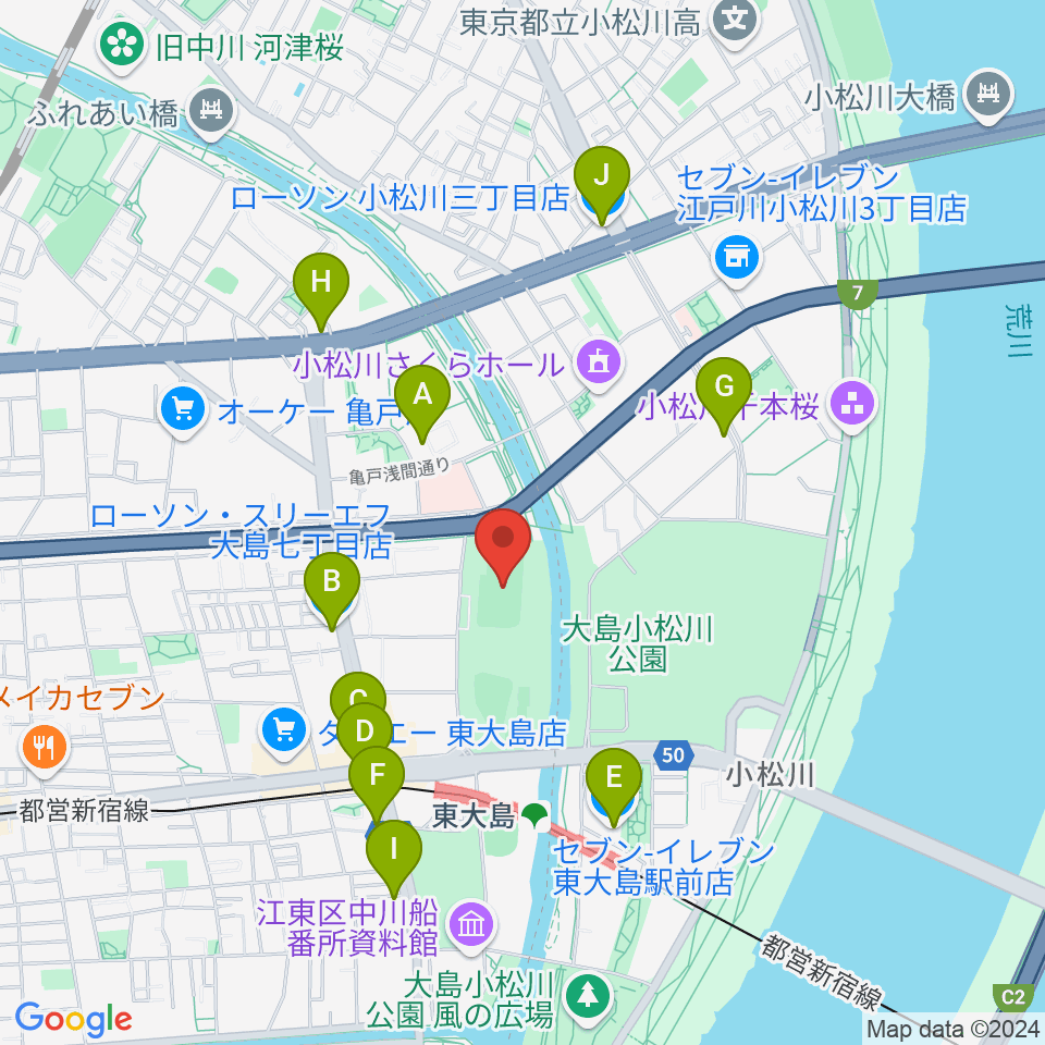 大島小松川公園サッカー場周辺のコンビニエンスストア一覧地図