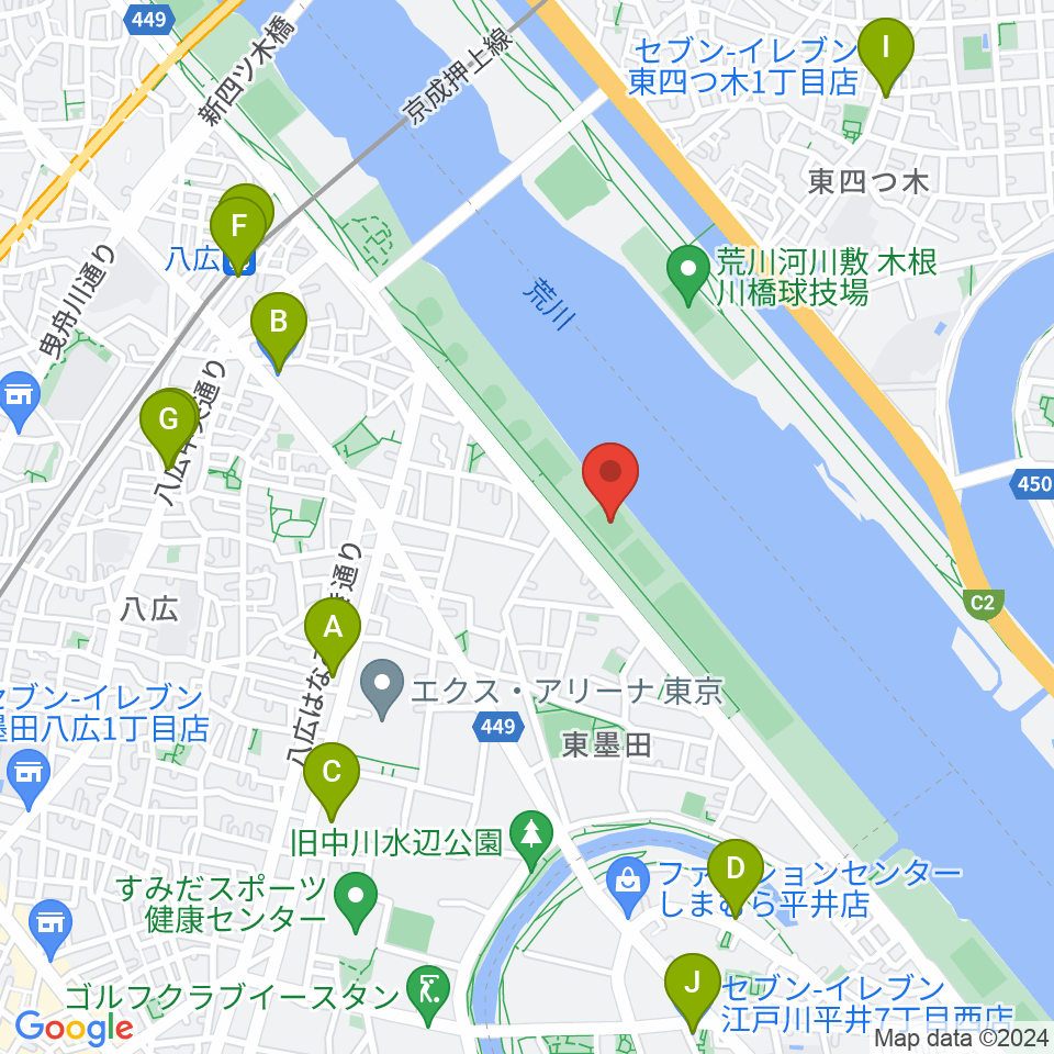 荒川四ツ木橋緑地少年サッカー場周辺のコンビニエンスストア一覧地図