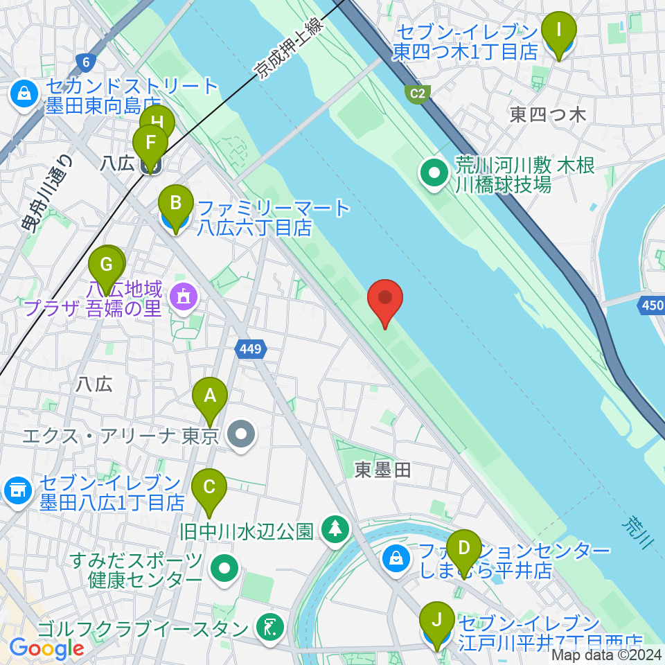 荒川四ツ木橋緑地少年サッカー場周辺のコンビニエンスストア一覧地図