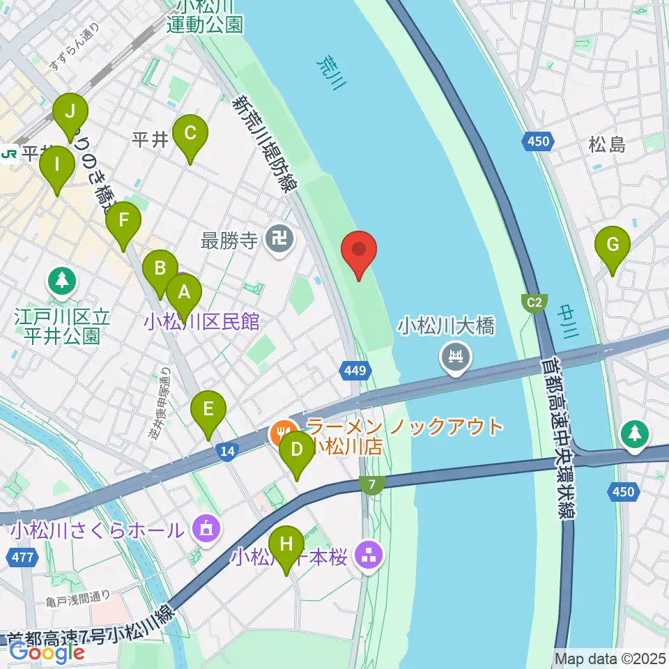 小松川橋上流野球場周辺のコンビニエンスストア一覧地図