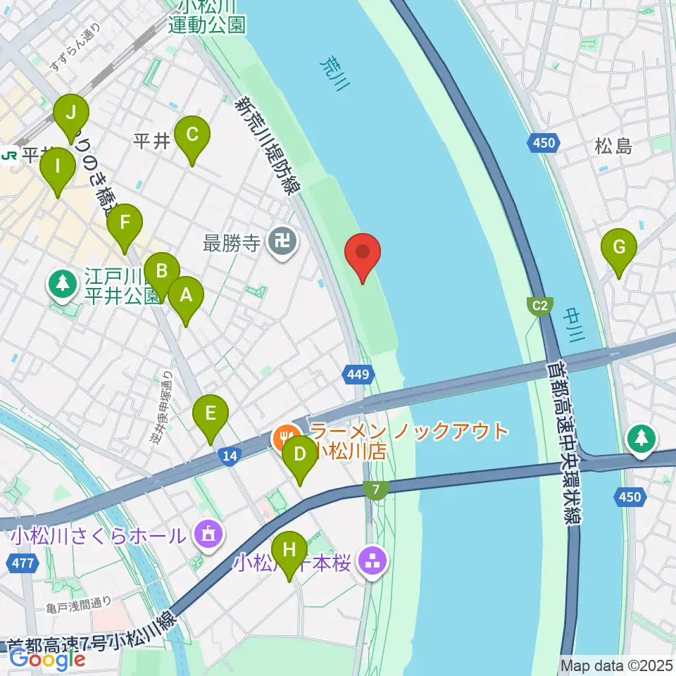 小松川橋上流野球場周辺のコンビニエンスストア一覧地図
