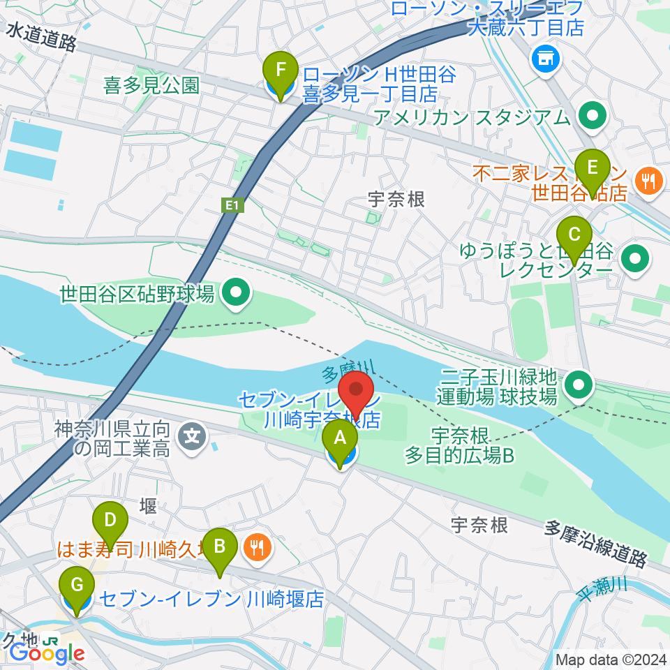 宇奈根野球場周辺のコンビニエンスストア一覧地図