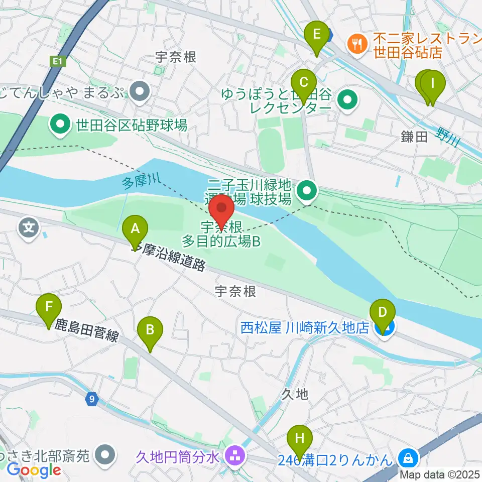 宇奈根多目的広場周辺のコンビニエンスストア一覧地図