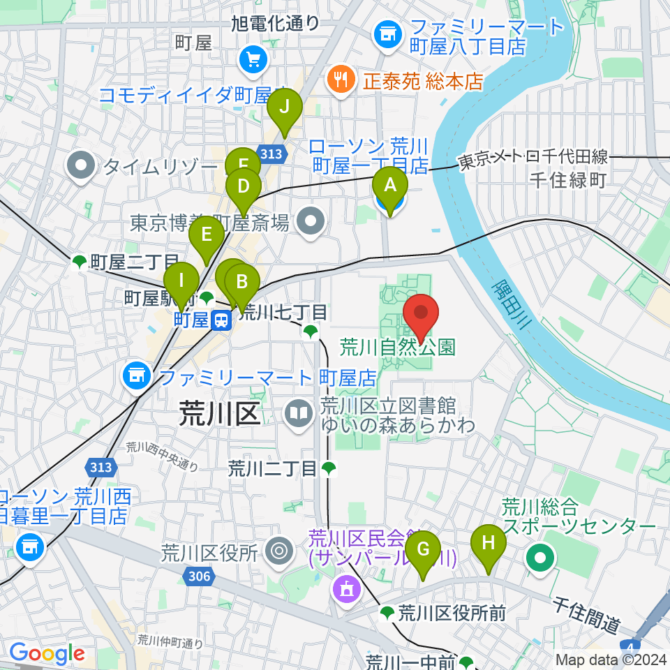 荒川自然公園野球場周辺のコンビニエンスストア一覧地図