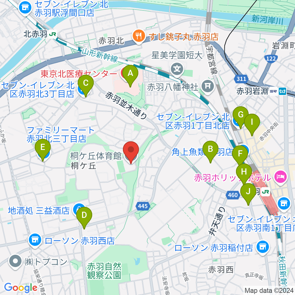 桐ケ丘体育館周辺のコンビニエンスストア一覧地図