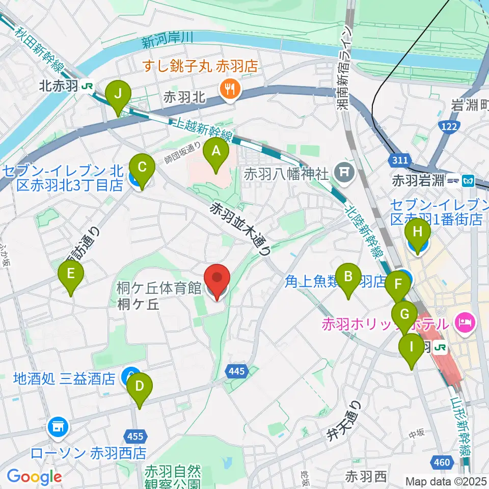 桐ケ丘体育館周辺のコンビニエンスストア一覧地図