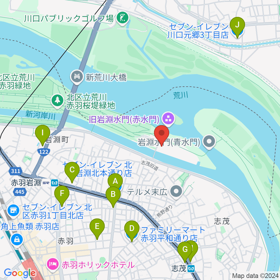 荒川知水資料館amoa周辺のコンビニエンスストア一覧地図