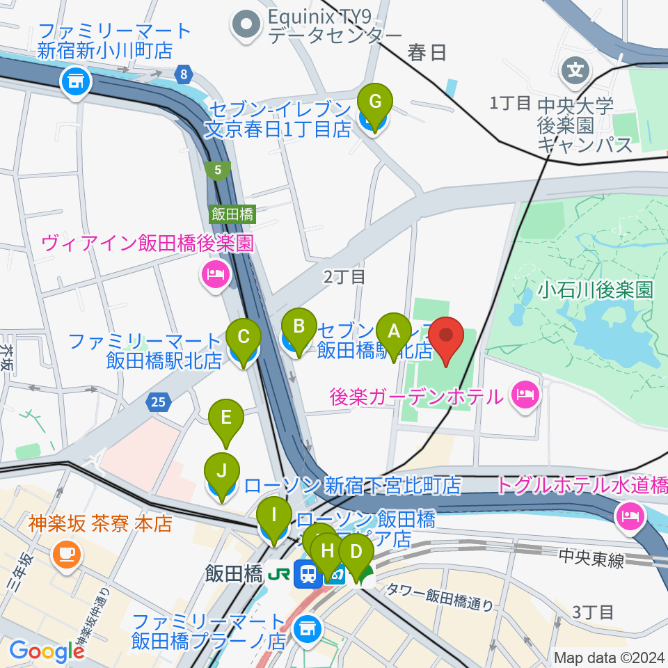 小石川運動場周辺のコンビニエンスストア一覧地図