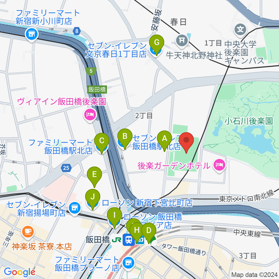 小石川運動場周辺のコンビニエンスストア一覧地図