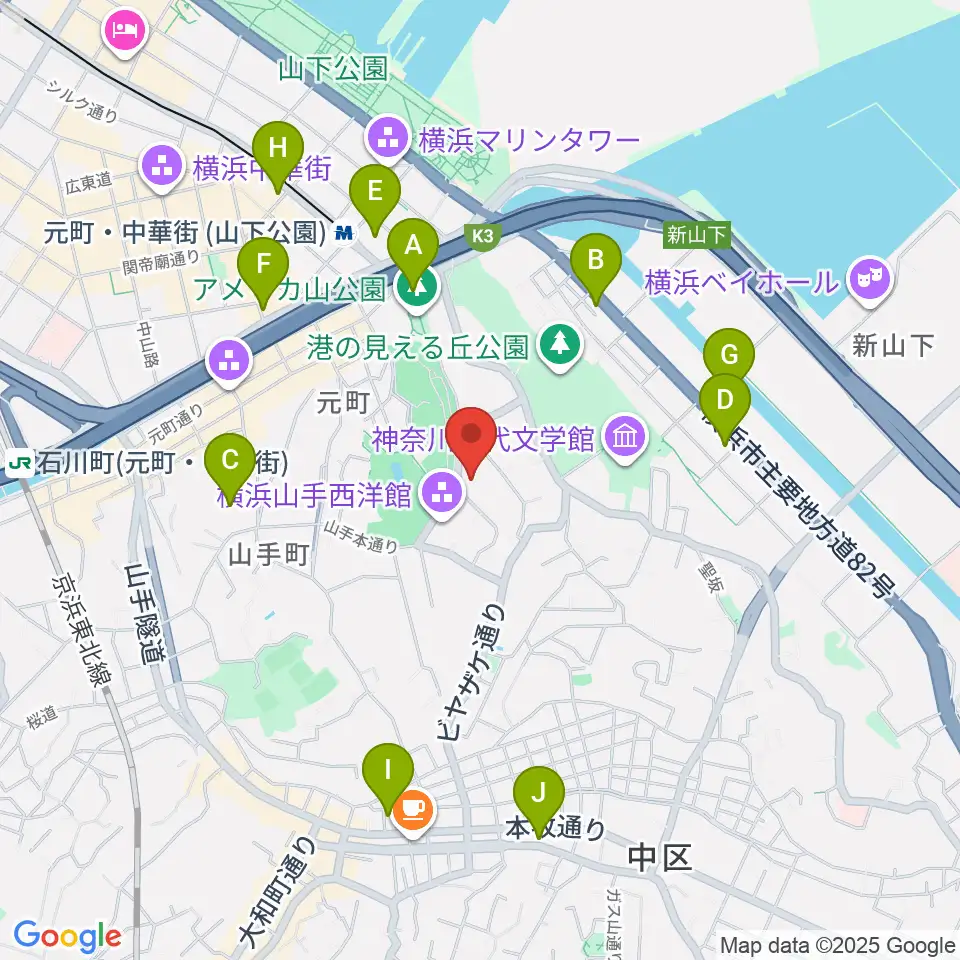 山手資料館周辺のコンビニエンスストア一覧地図