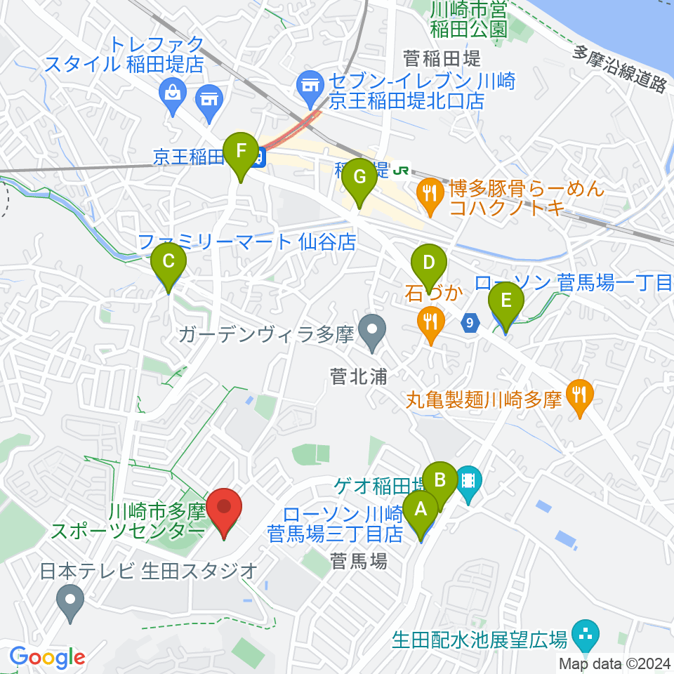 川崎市多摩スポーツセンター周辺のコンビニエンスストア一覧地図
