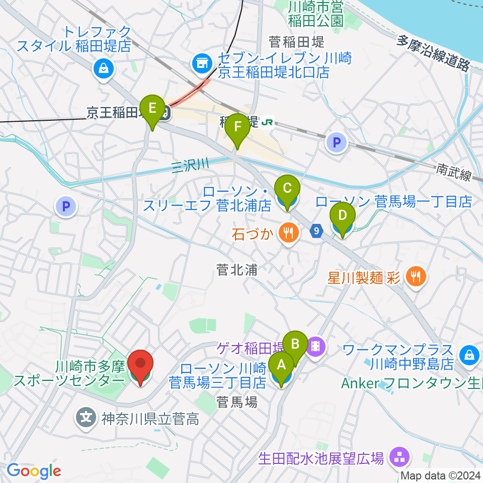 川崎市多摩スポーツセンター周辺のコンビニエンスストア一覧地図