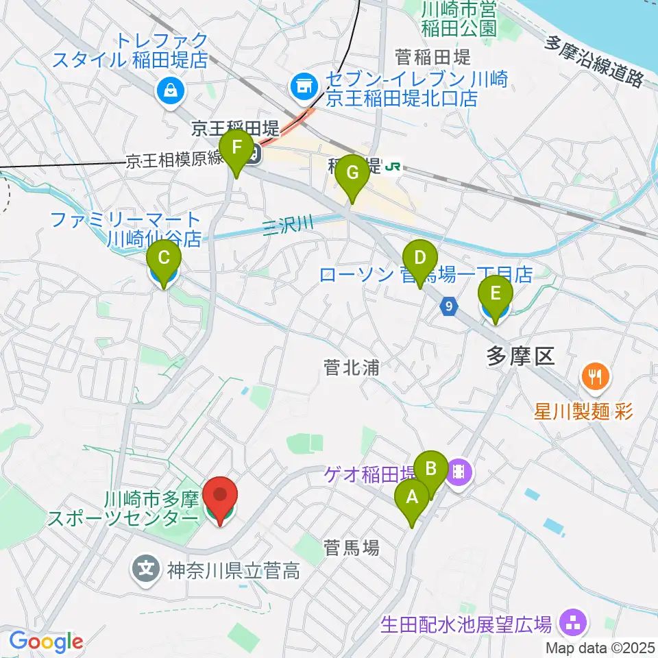 川崎市多摩スポーツセンター周辺のコンビニエンスストア一覧地図