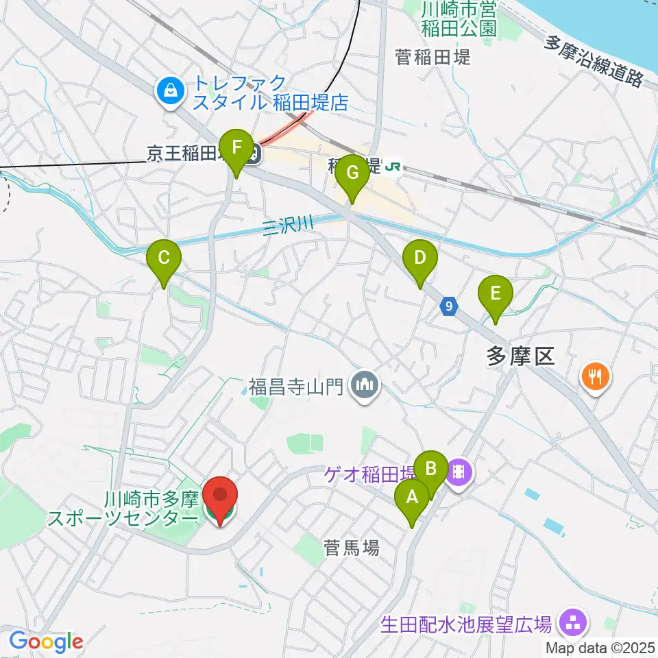 川崎市多摩スポーツセンター周辺のコンビニエンスストア一覧地図