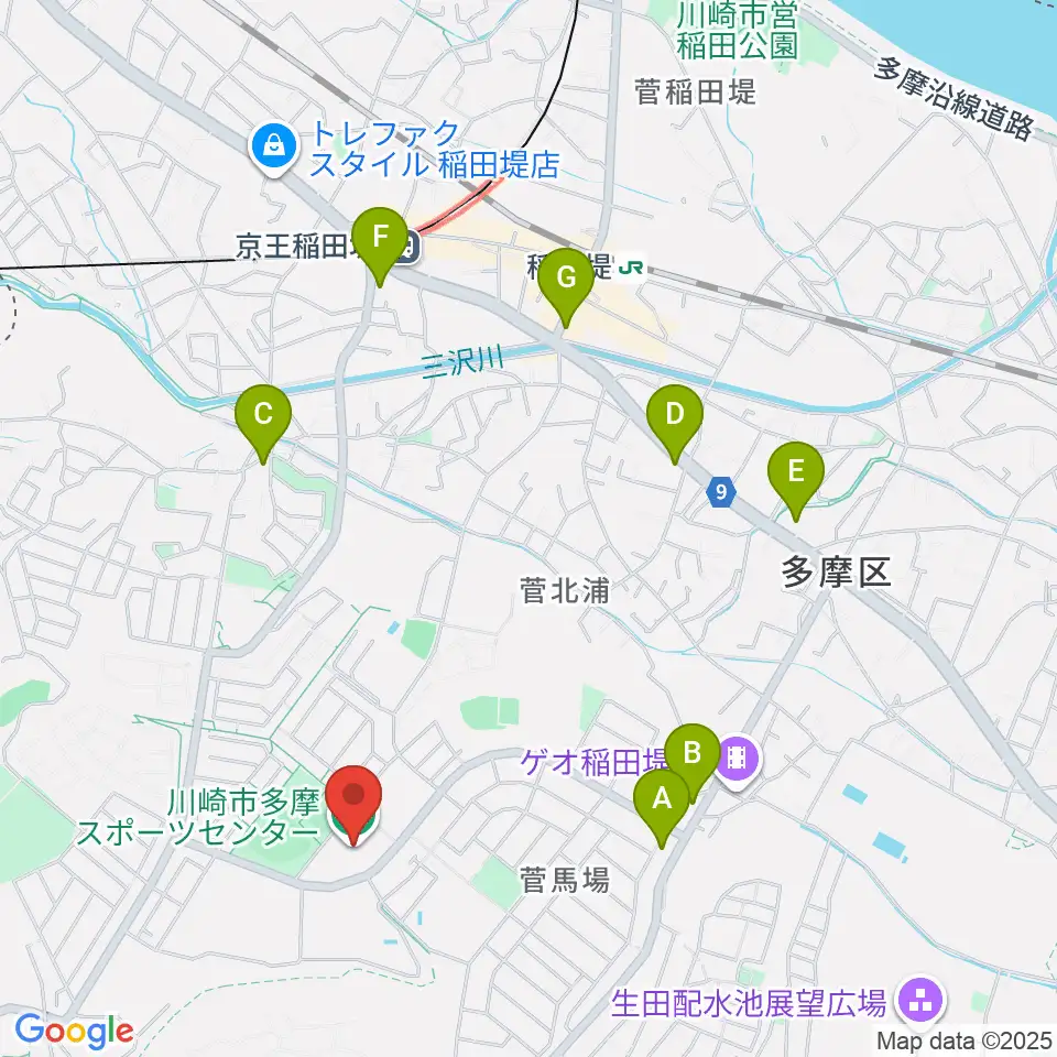 川崎市多摩スポーツセンター周辺のコンビニエンスストア一覧地図