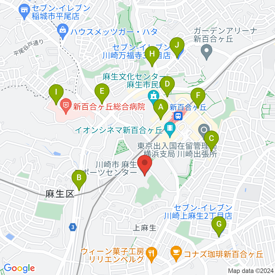 川崎市麻生スポーツセンター周辺のコンビニエンスストア一覧地図