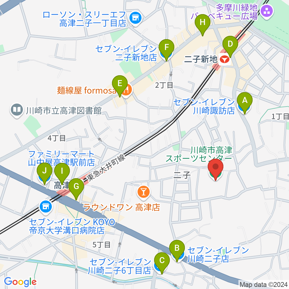 川崎市高津スポーツセンター周辺のコンビニエンスストア一覧地図