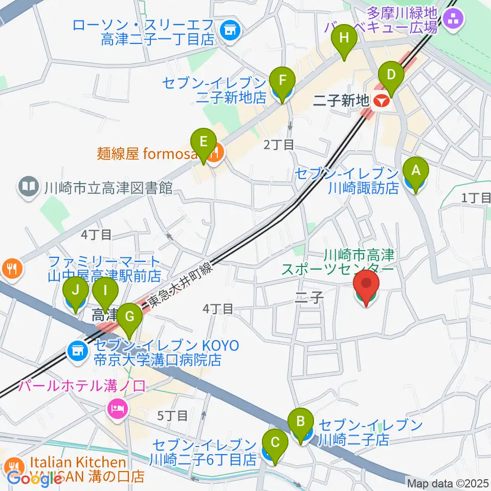 川崎市高津スポーツセンター周辺のコンビニエンスストア一覧地図