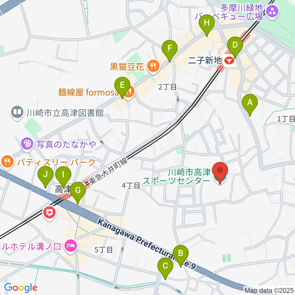 川崎市高津スポーツセンター周辺のコンビニエンスストア一覧地図