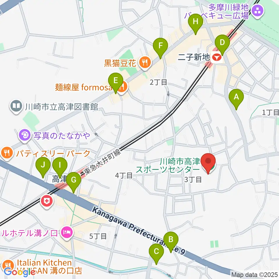 川崎市高津スポーツセンター周辺のコンビニエンスストア一覧地図