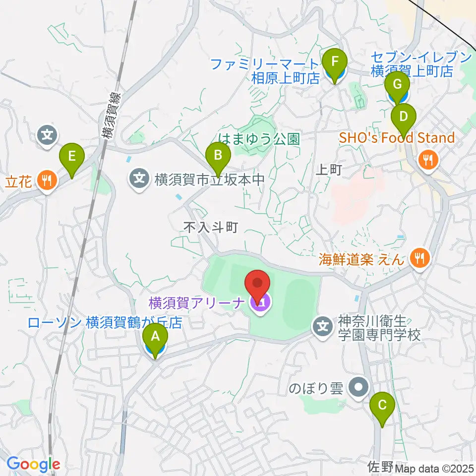 横須賀アリーナ周辺のコンビニエンスストア一覧地図