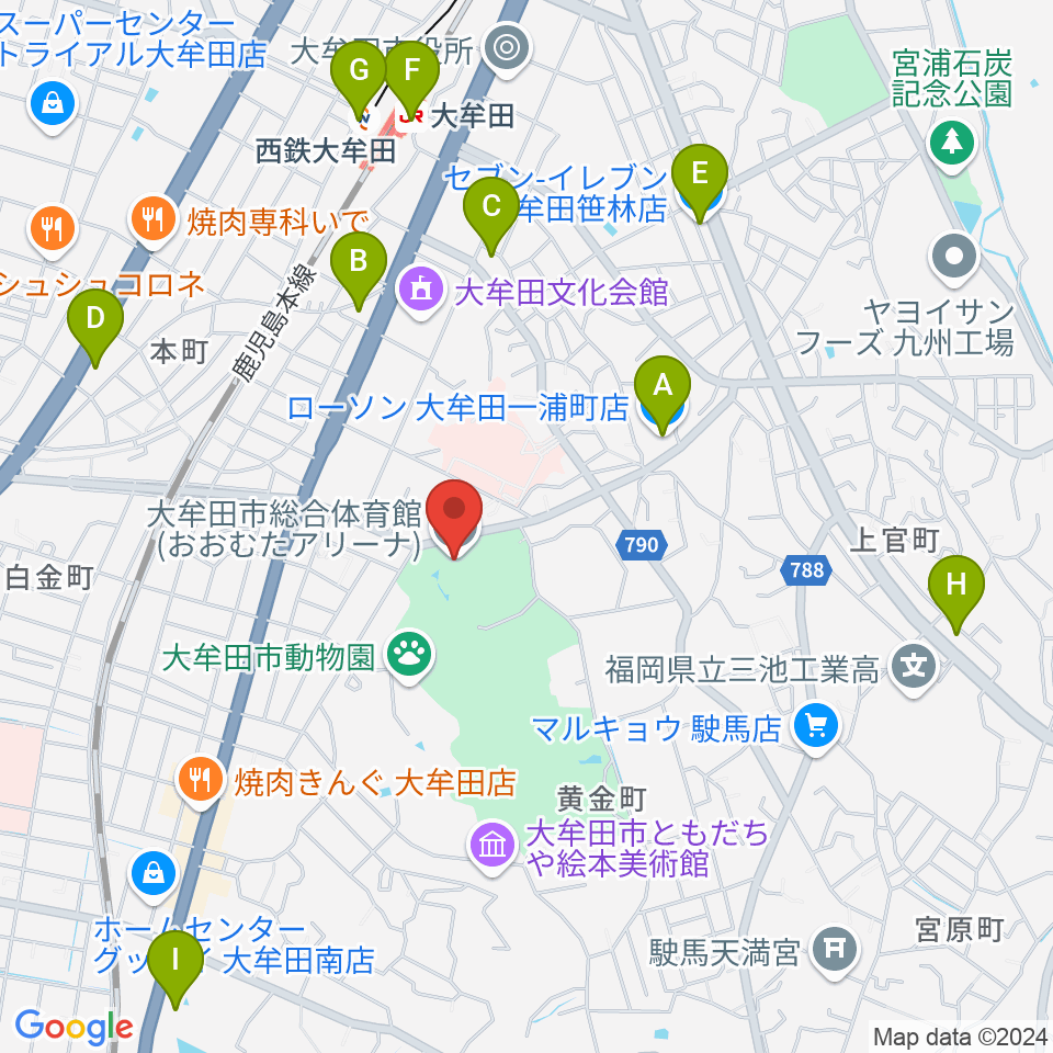 おおむたアリーナ周辺のコンビニエンスストア一覧地図