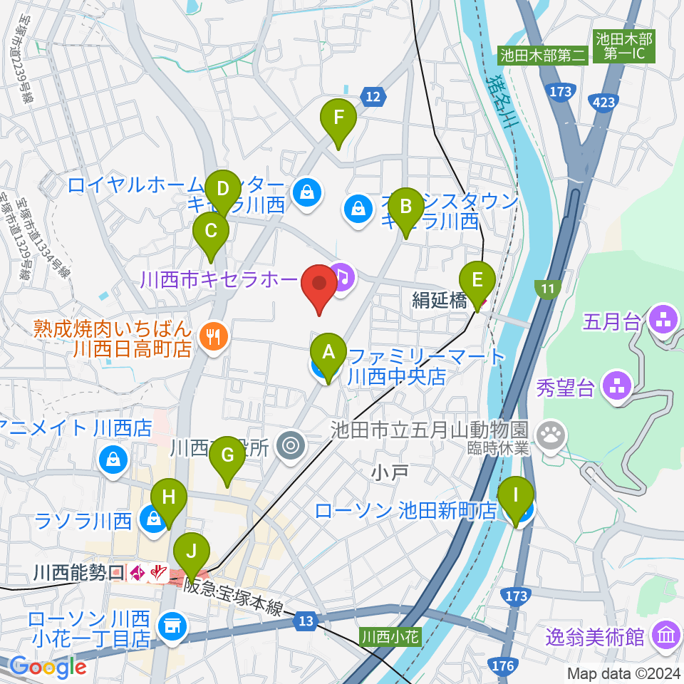 川西市総合体育館周辺のコンビニエンスストア一覧地図