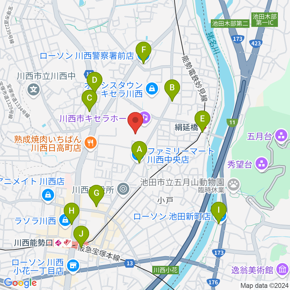 川西市総合体育館周辺のコンビニエンスストア一覧地図