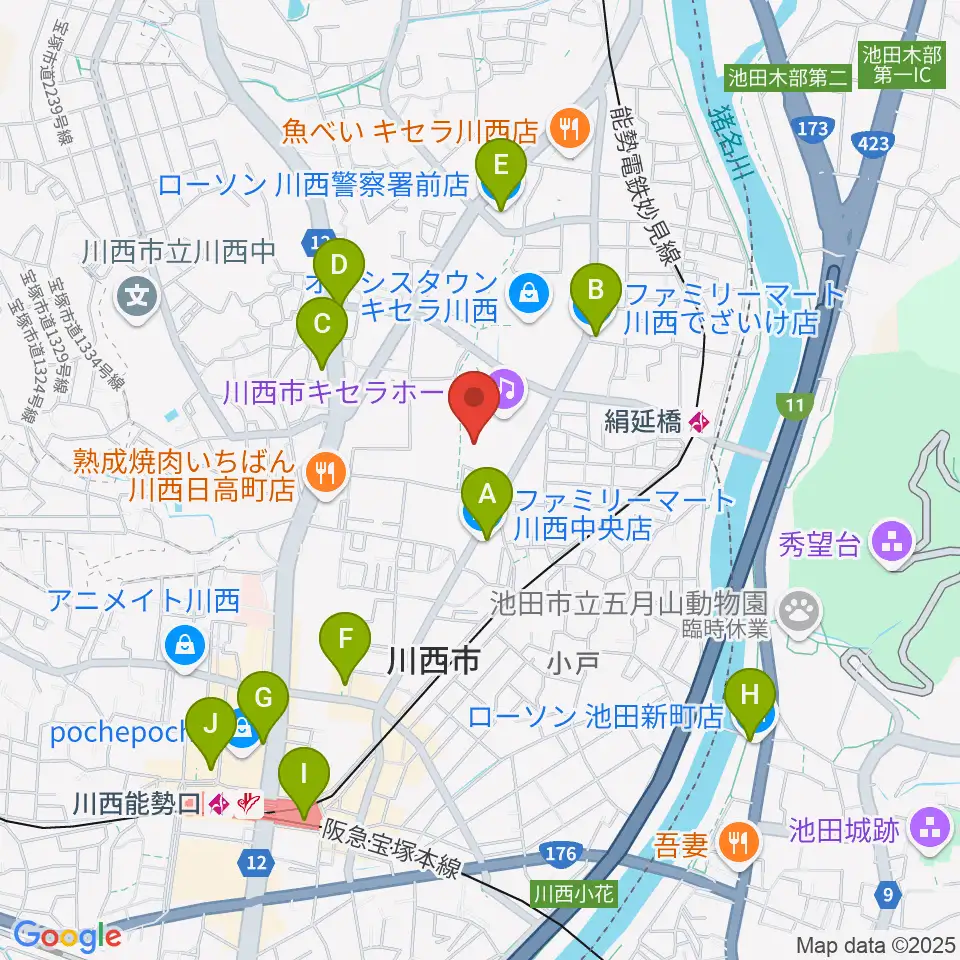 川西市総合体育館周辺のコンビニエンスストア一覧地図