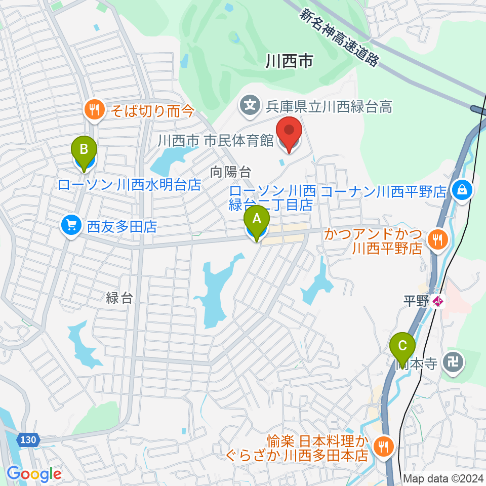 川西市市民体育館周辺のコンビニエンスストア一覧地図