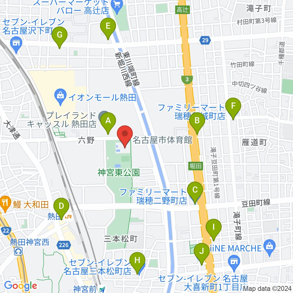 名古屋市体育館周辺のコンビニエンスストア一覧地図