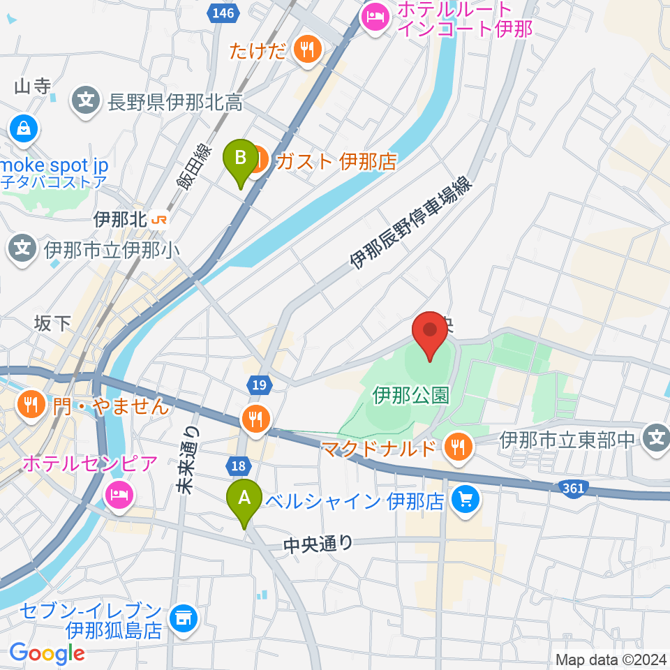 伊那ニッパツスタジアム周辺のコンビニエンスストア一覧地図